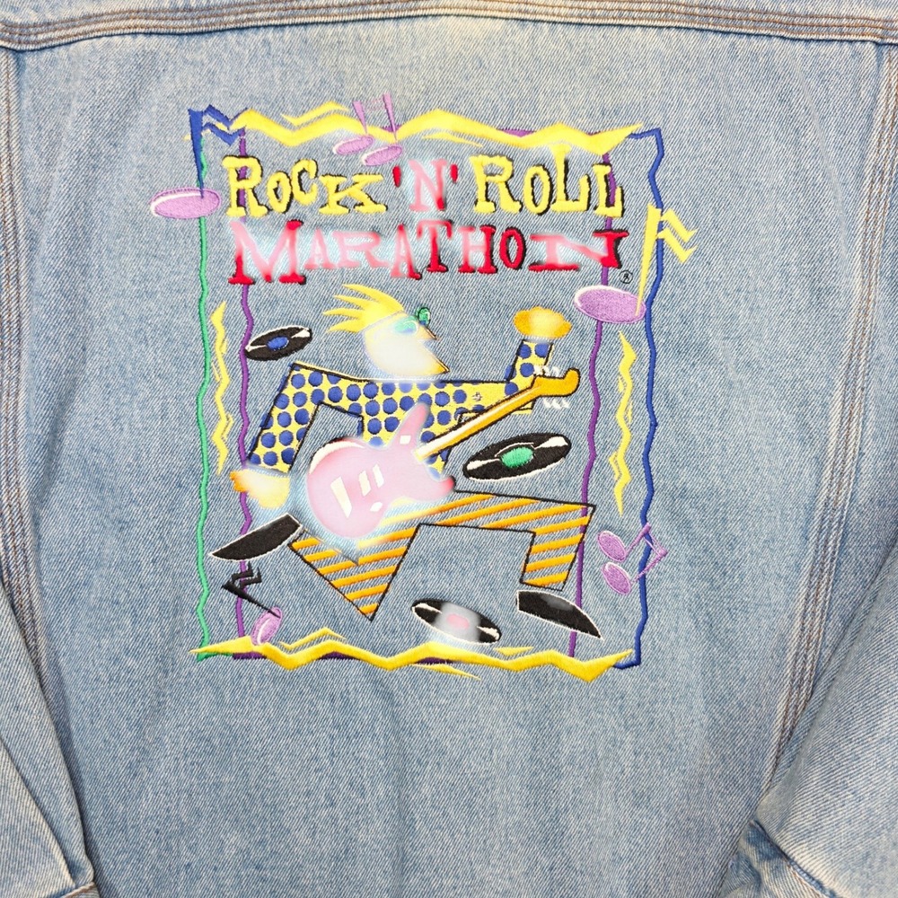 Vintage Woodlake Denim Jacket Rock N Roll Marathon Embroidered Blue Large - Picture 10 of 11